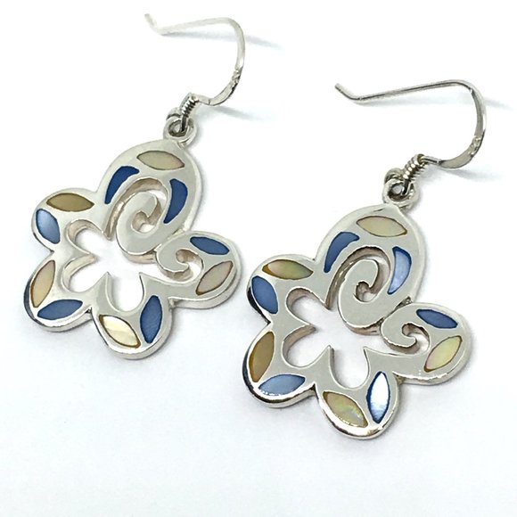 70's Fashion Flower Earrings Sterling Silver MoP - Picture 2 of 6